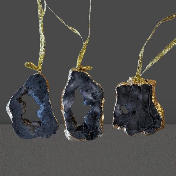 Beautiful Gold Rimmed Genuine Agate Ornamentnts. Set of 3. Handmade. Brand New. - Picture 2 of 4